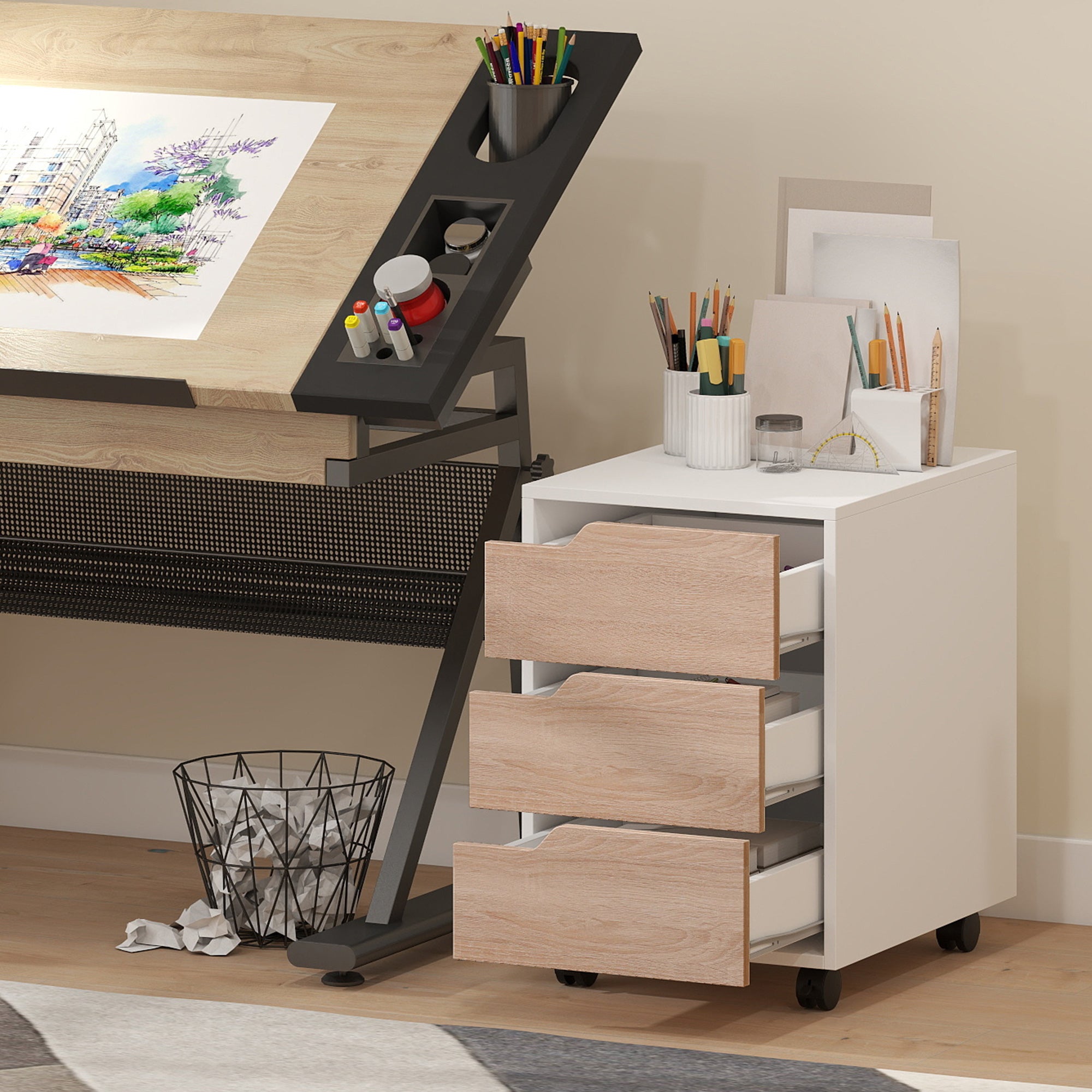 MDF Chest of Drawers with 3 Drawers and Wheels for Office or Study, White and Wood, 40x50x57.5cm