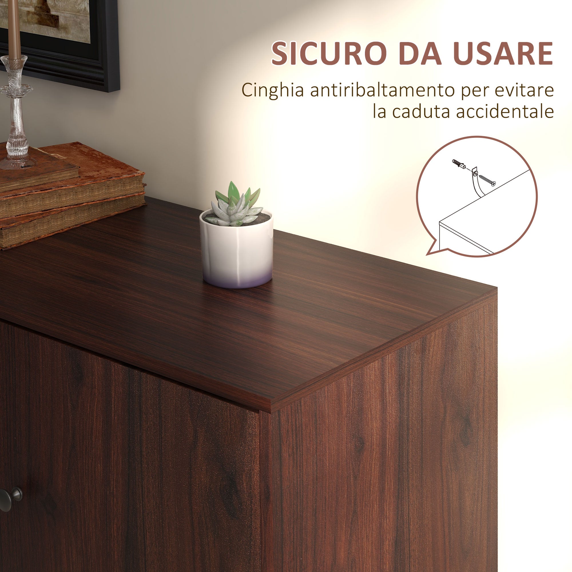 Modern Sideboard in Wood and Chipboard with 2 Cabinets and 3 Drawers, 127x40x76 cm, Brown and Black