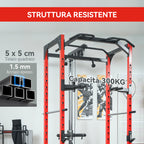 Fitness Station with Barbell Support and Pull-Up and Dip Bar, in Steel, 191x153x205 cm, Red and Black