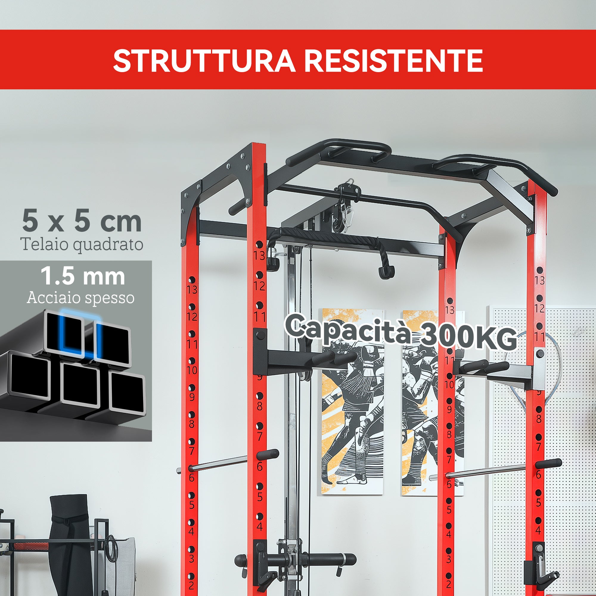 Fitness Station with Barbell Support and Pull-Up and Dip Bar, in Steel, 191x153x205 cm, Red and Black