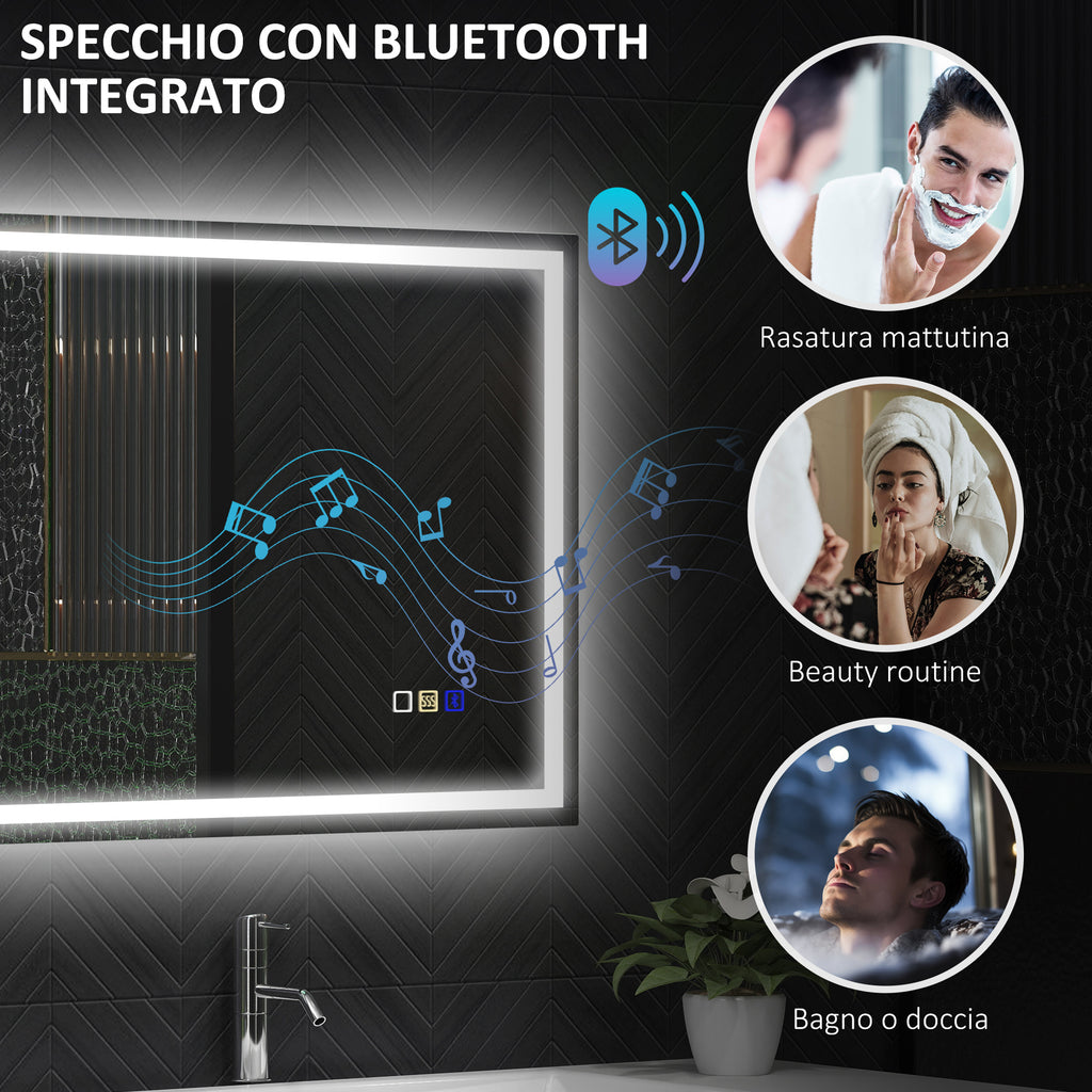 Anti-Fog Bathroom Mirror with Adjustable LED Light, Bluetooth Speaker, Touch Buttons, 50x70 cm