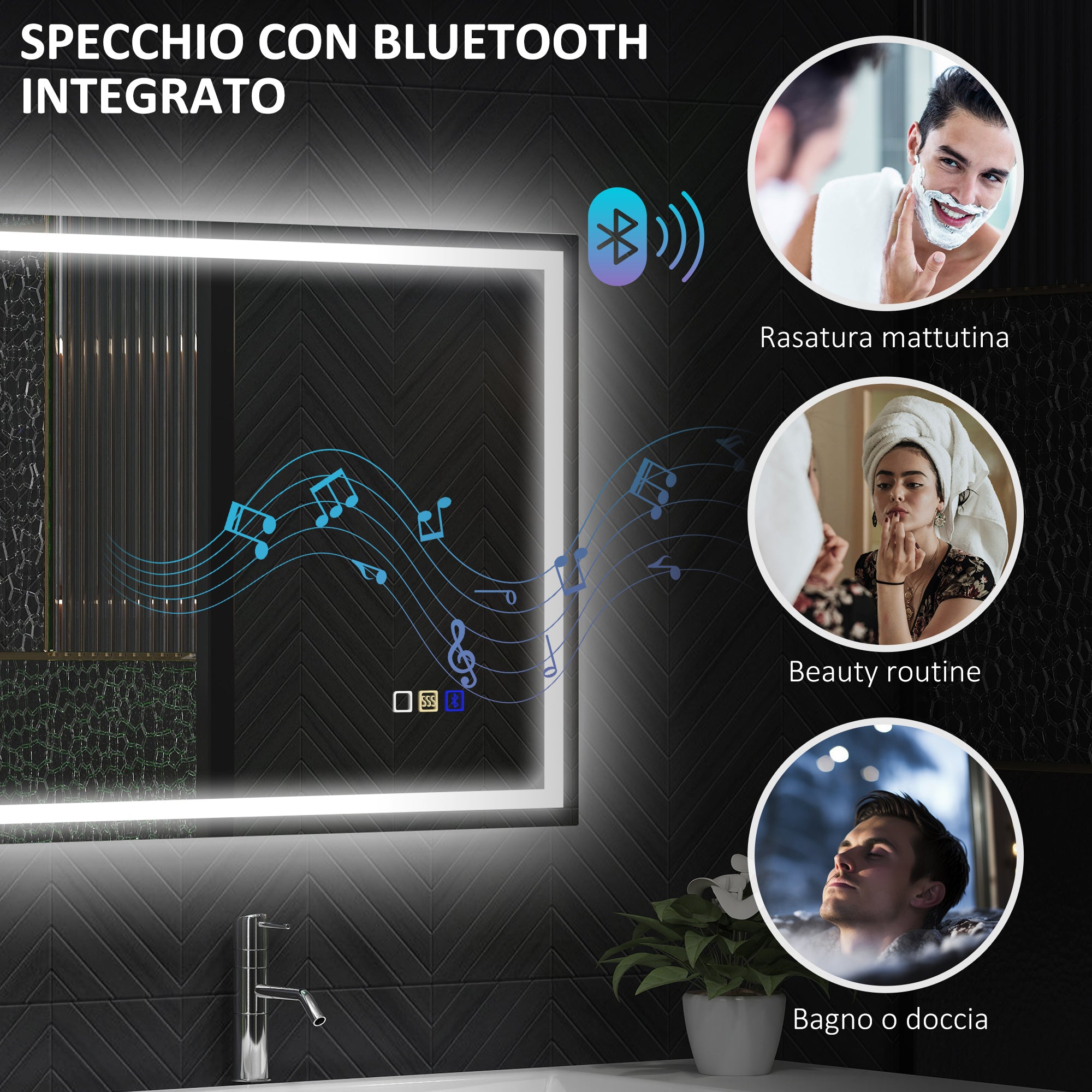 Anti-Fog Bathroom Mirror with Adjustable LED Light, Bluetooth Speaker, Touch Buttons, 50x70 cm
