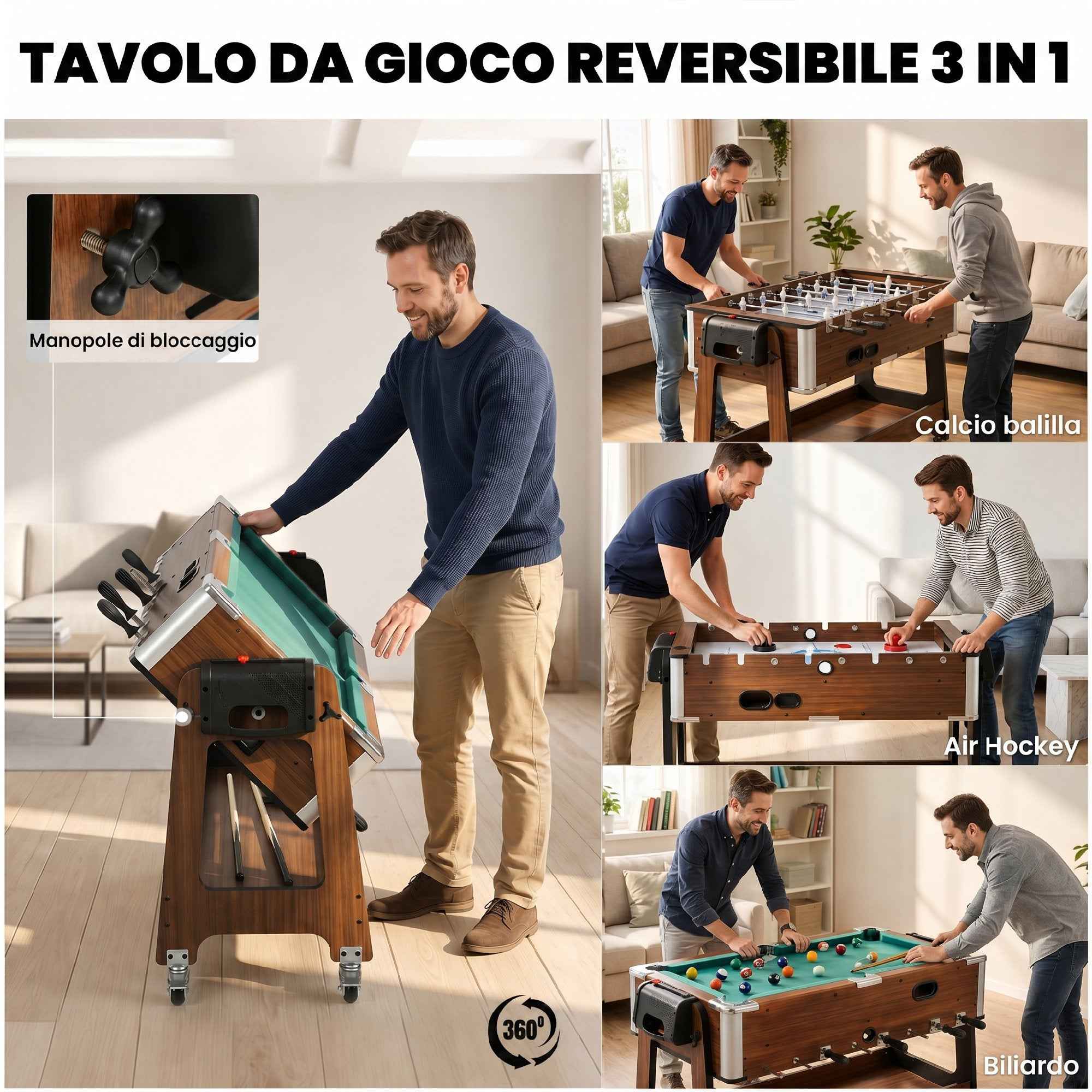 SPORTNOW 3-in-1 Table: Air Hockey, Pool Table, Table Football, Lockable Wheels, Shelf