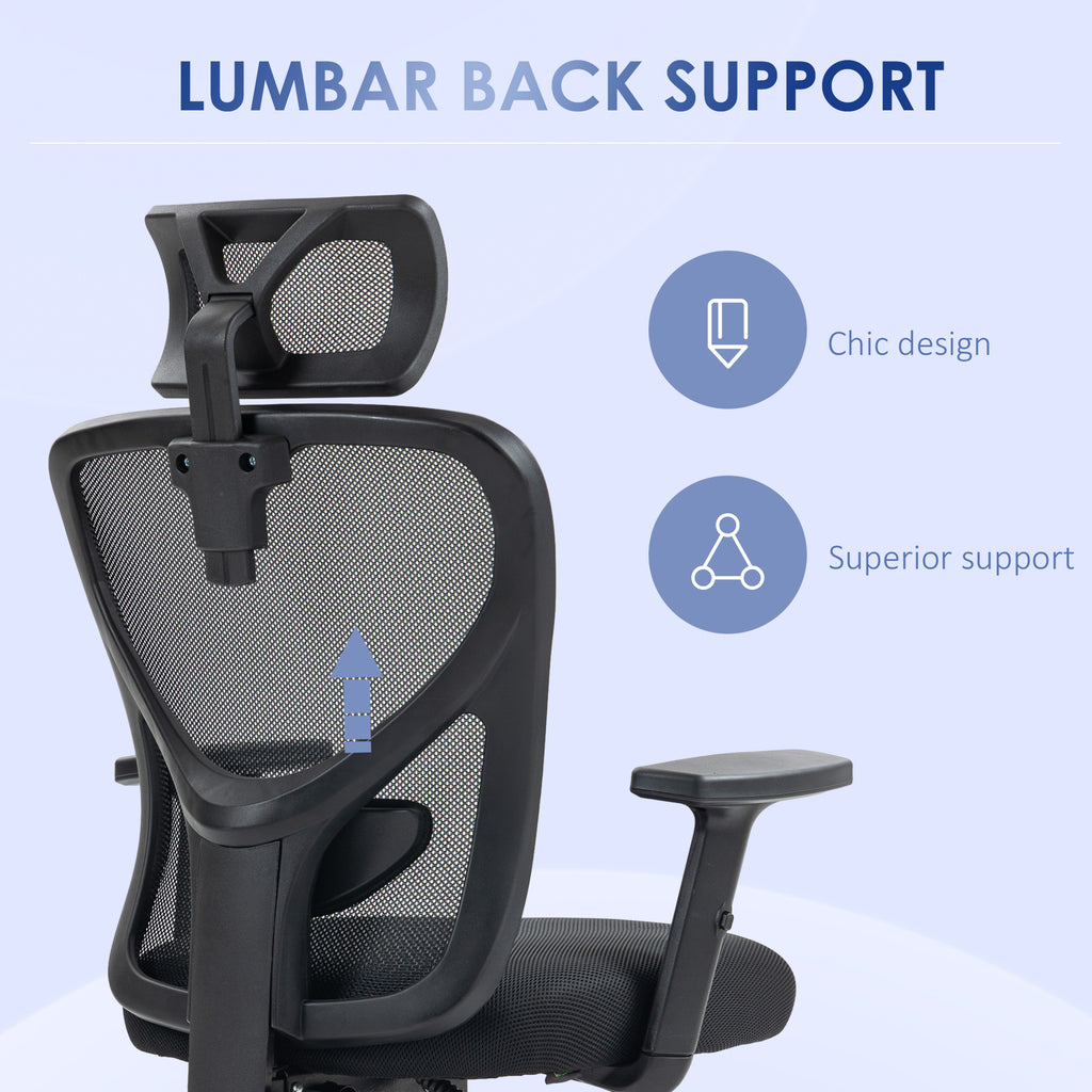 Ergonomic office chair with adjustable height, lumbar support and headrest, 66x61x106-116cm black - Borgè