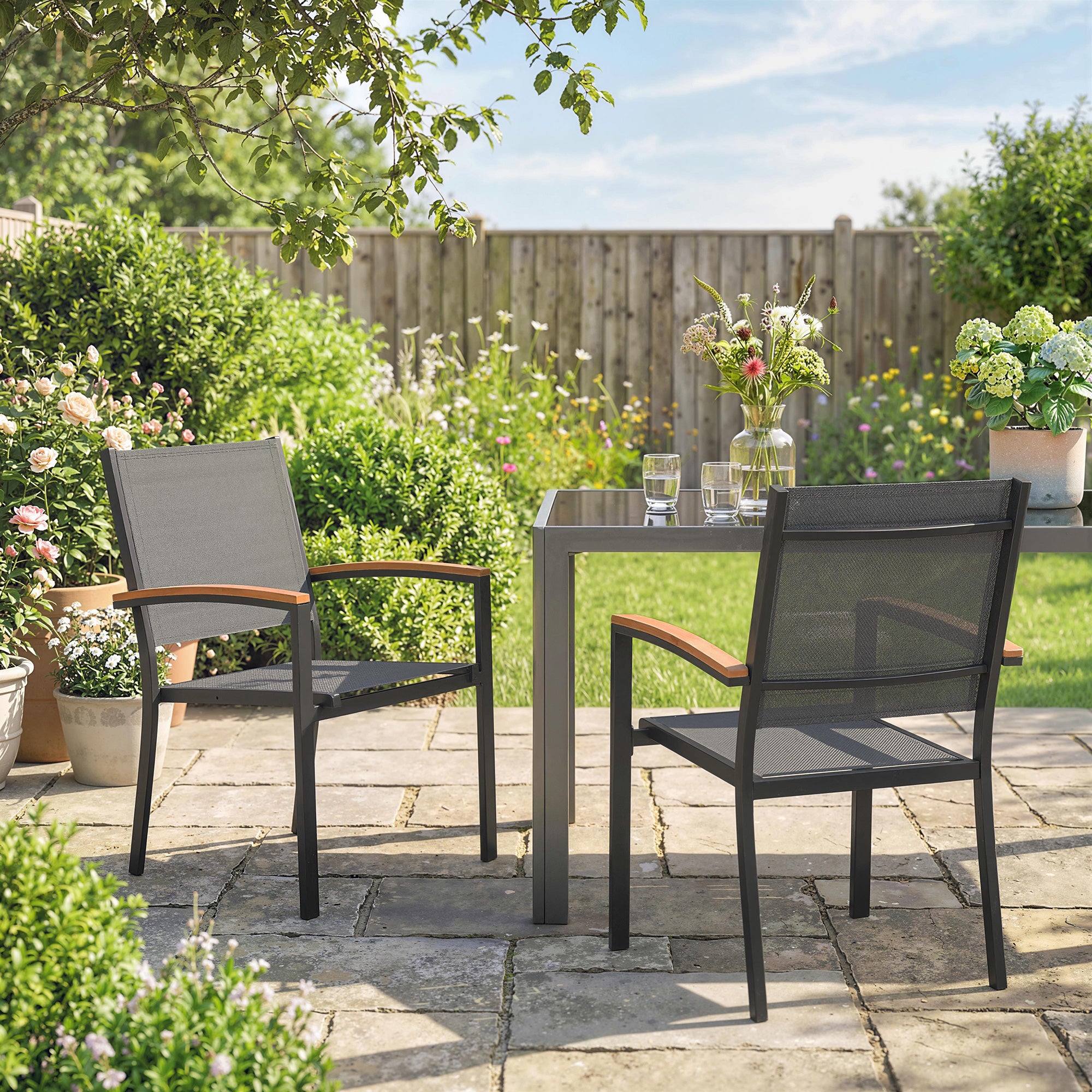 Outsunny Set of 2 Garden Chairs in Texteline and Metal with Wood Effect Armrests, 56x62x89 cm, Grey