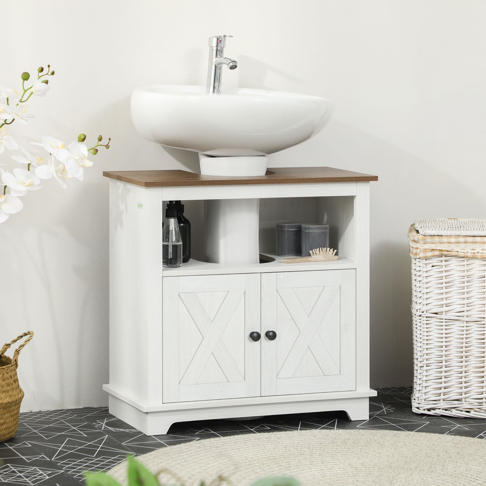 kleankin Bathroom Cabinet Under Sink with 2-Door Cabinet and Open Shelf, Chipboard, 60x30x60 cm - Borgè