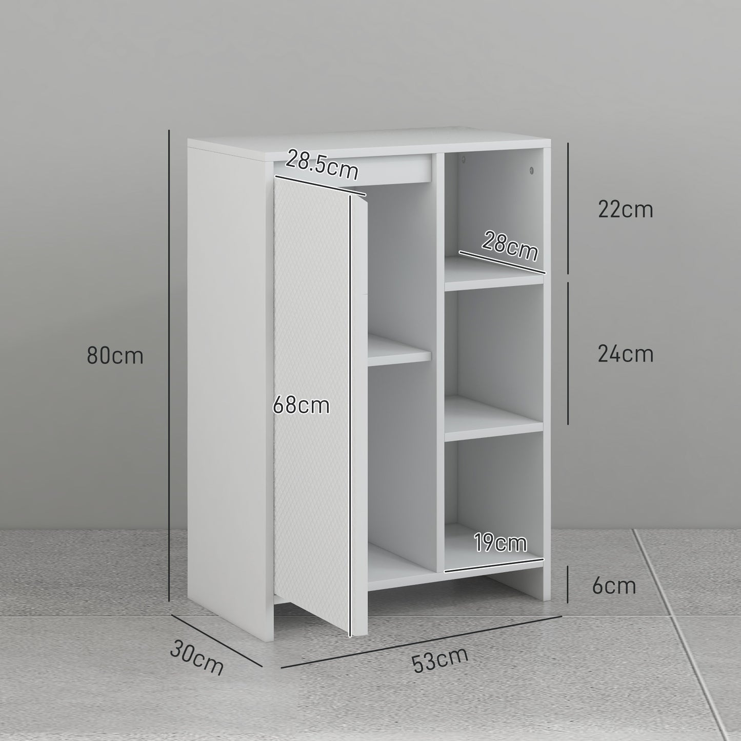 Bathroom Cabinet with 3 Open Shelves and One-Door Cabinet with Adjustable Shelf, 53x30x80cm, White