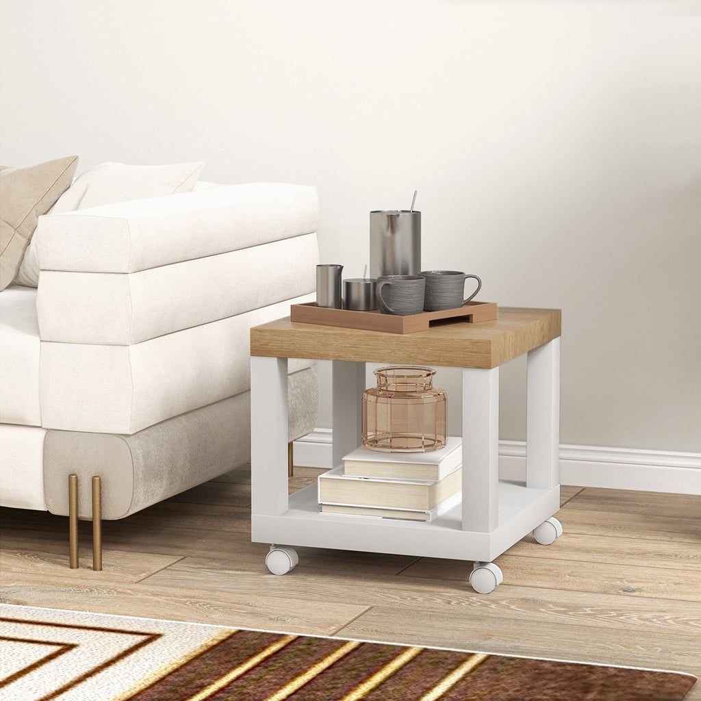 HOMCOM Coffee Table with Castors and Open Shelf, for Sofa, Bedroom or Living Room, 40x40x40 cm, Natural Wood and White