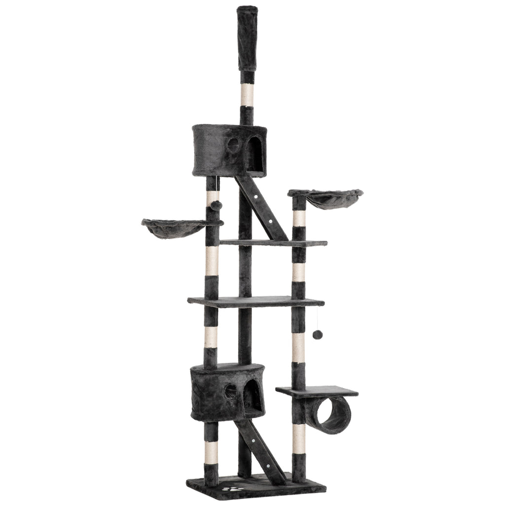 Multi-Level Ceiling Cat Scratching Post with Adjustable Height 240-260cm, with Kennels and Ladders, Grey