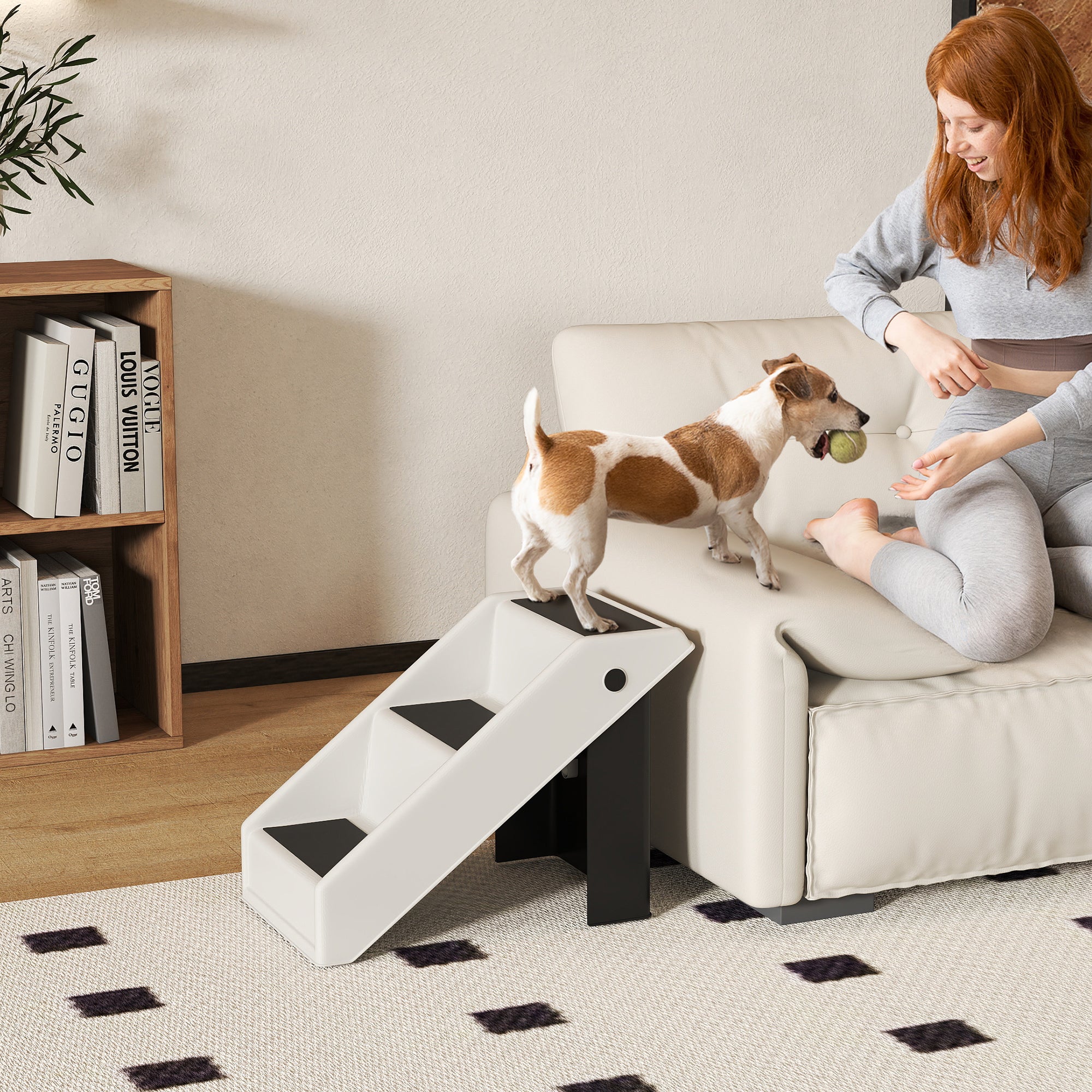 3-Step Non-Slip Dog and Cat Step Ladder, Foldable Design with 10kg Capacity, Cream