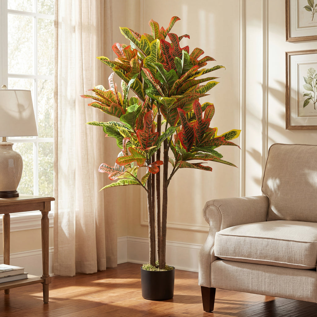 HOMCOM Artificial Croton Plant in Multi-Color, PEVA and Wood, with a PP and Cement Pot, 55x55x120 cm