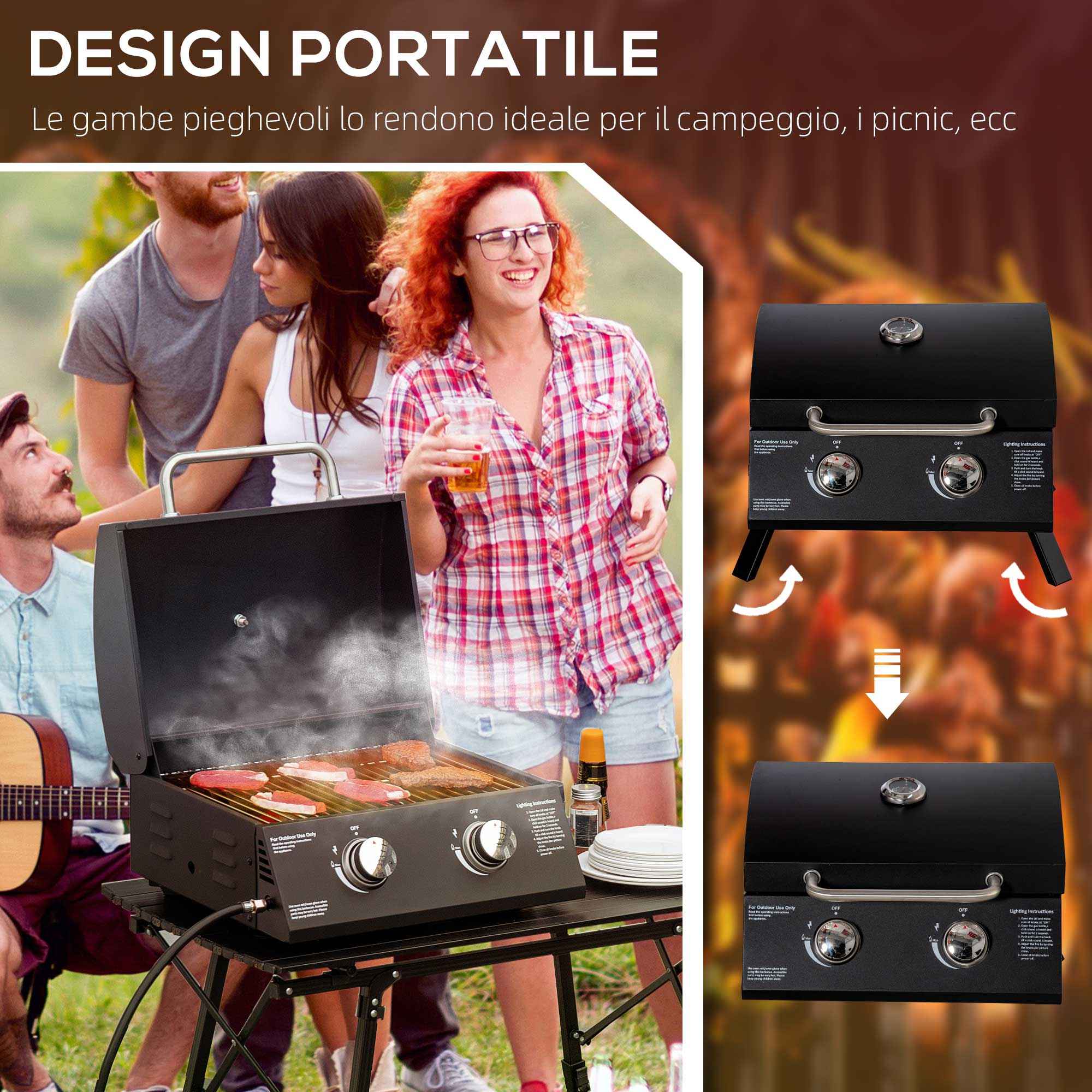 Outsunny Folding Gas Barbecue with Lid, Thermometer and 2 Steel Burners, 55x46.5x41 cm, Black