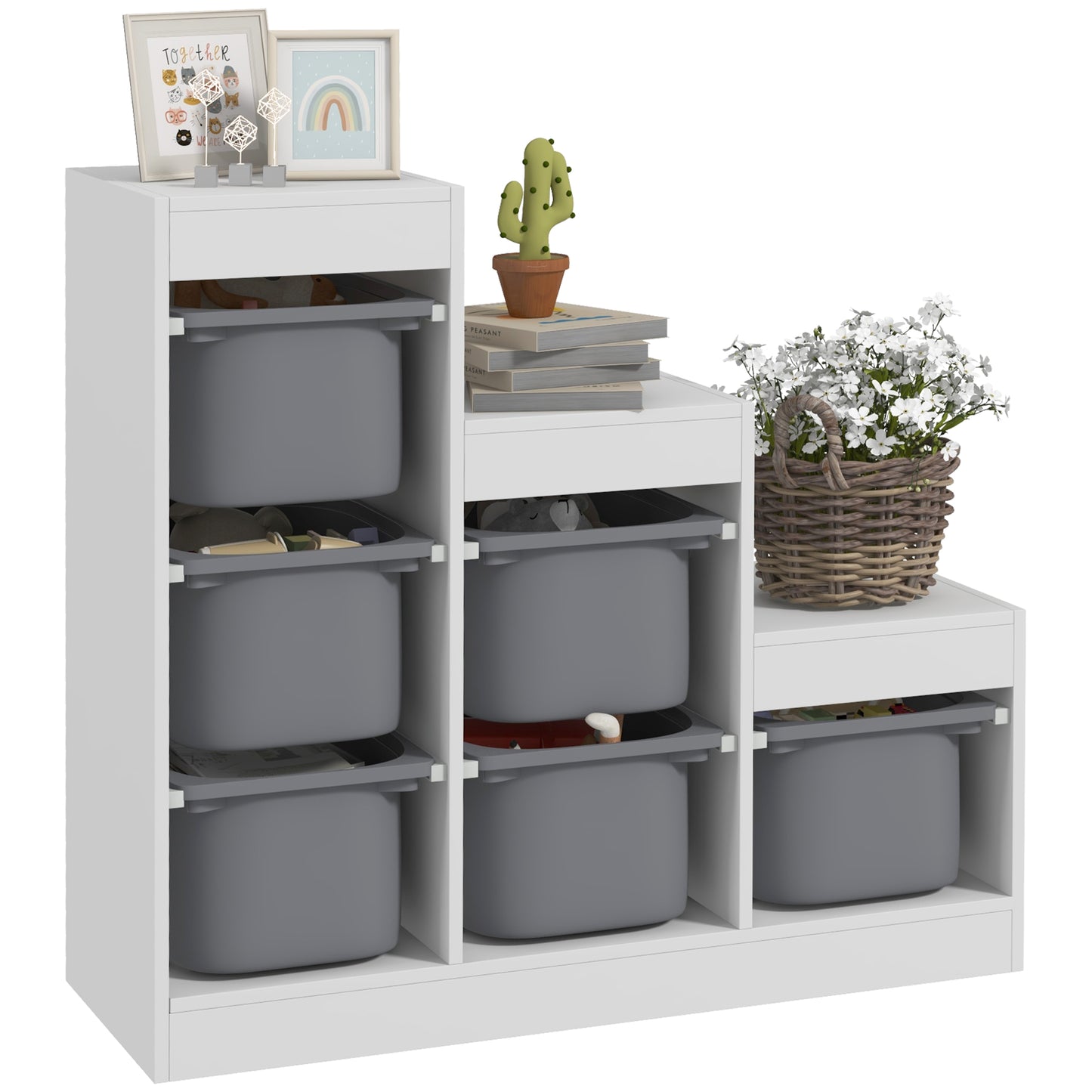 Storage 3-Tier Toy Shelf with 6 Containers for Children from 3-8 Years, 96x38.5x90cm, Grey