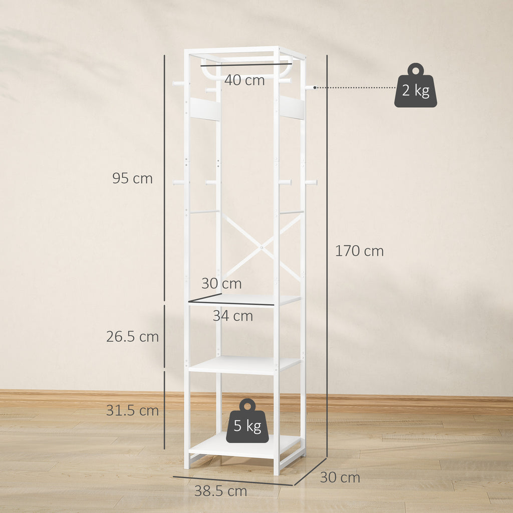 Floor Coat Hanger with Rod and 2 Open Shelves, in Wood and Steel, 38.5x30x170 cm, White and Wood Color