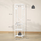 Floor Coat Hanger with Rod and 2 Open Shelves, in Wood and Steel, 38.5x30x170 cm, White and Wood Color