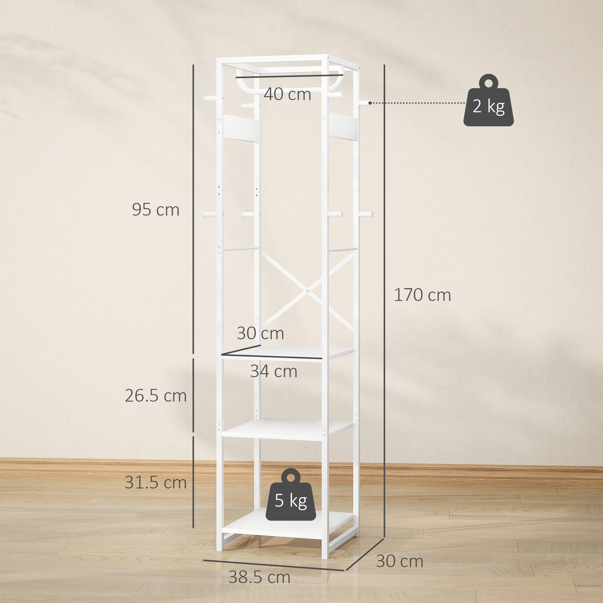 Floor Coat Hanger with Rod and 2 Open Shelves, in Wood and Steel, 38.5x30x170 cm, White and Wood Color