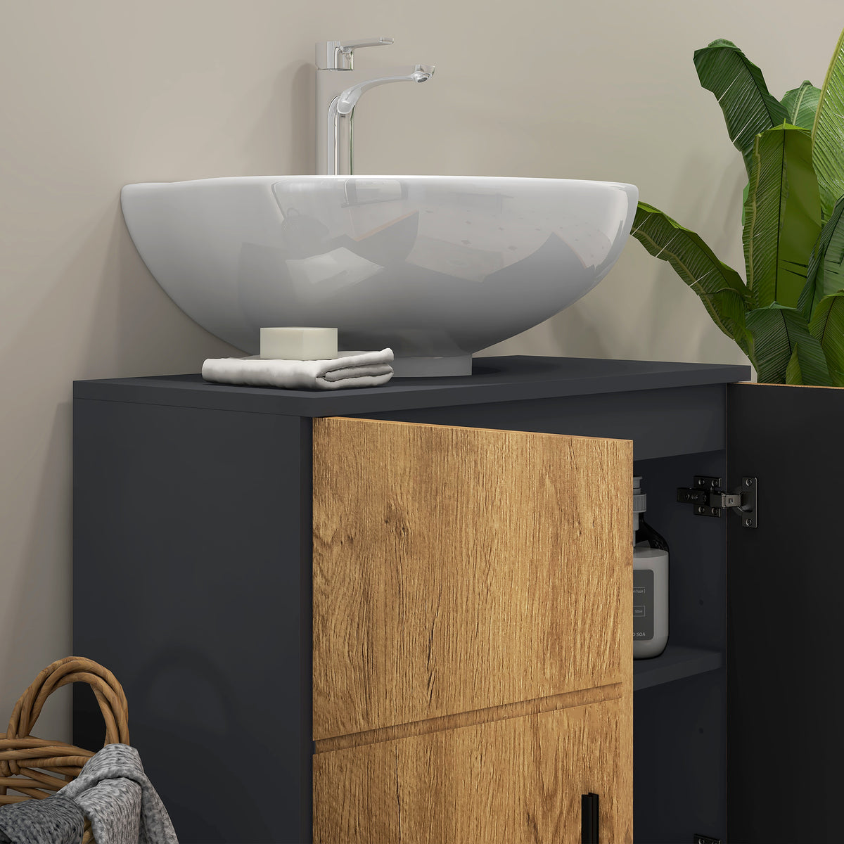 kleankin Bathroom Pedestal Vanity Unit with 2 Doors, 60x30x60cm, Oak