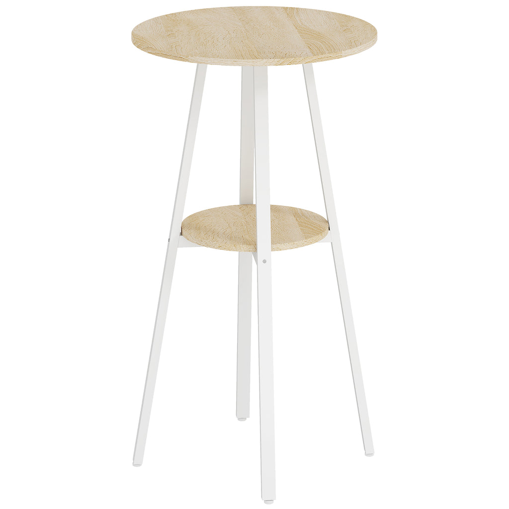 HOMCOM Round High Table with Shelf, Modern Kitchen or Dining Table, for 2 People, Natural and White