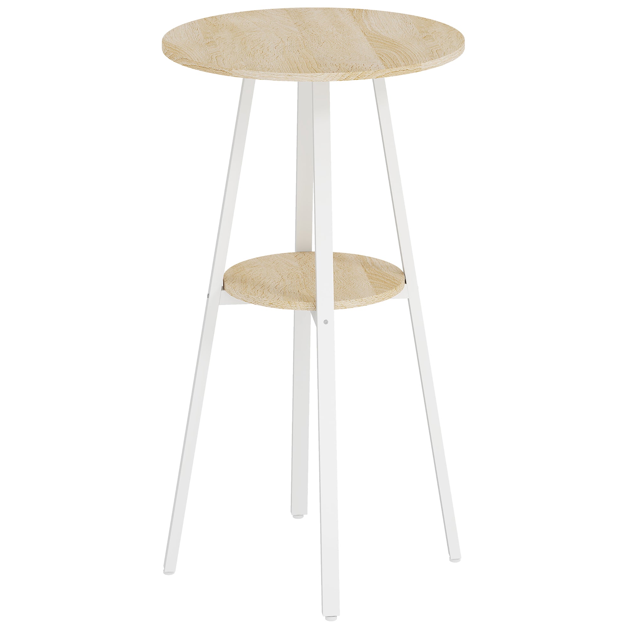 HOMCOM Round High Table with Shelf, Modern Kitchen or Dining Table, for 2 People, Natural and White