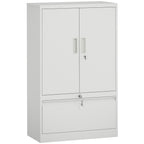 Steel Office Cabinet with Adjustable Internal Shelf and Drawer, 80x40x130 cm, White