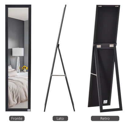 Floor and Wall Mirror with Foldable Support and MDF Frame, 37x48x152cm, Black