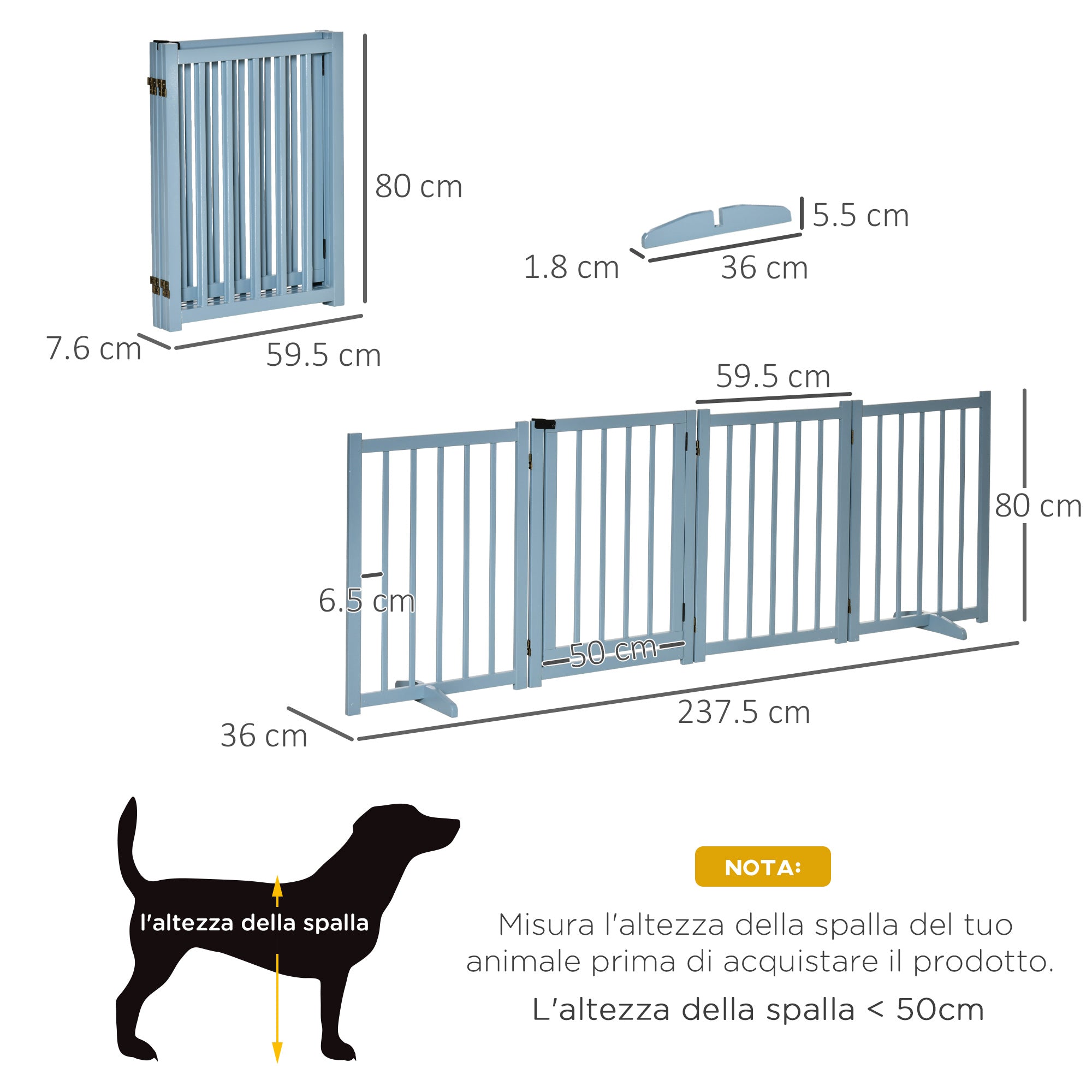 Folding Dog Gate for Small/Medium Dogs with 4 Wooden Panels and Door, 237.5 x 36 x 80 cm, Grey
