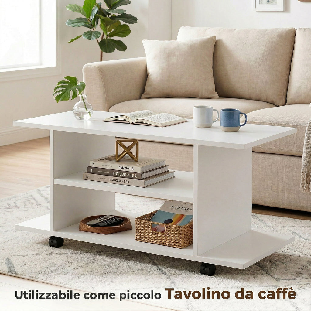 HOMCOM Modern TV Stand with Shelves, Swivel Wheels and Brakes, 80x40x40 cm, White