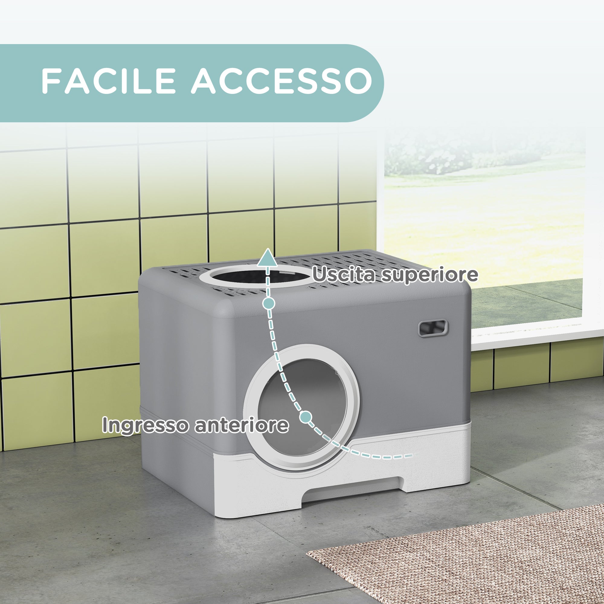 Cat Litter Box with Lid and Scoop, Double Entrance and Removable Tray, 52x41x38.5 cm, Grey