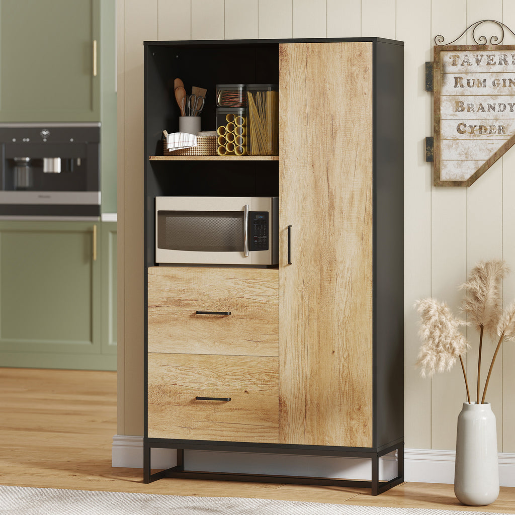 Modern Kitchen Sideboard with 2 Drawers, 2 Shelves and a Cabinet, 88x35x160 cm, Wood and Black