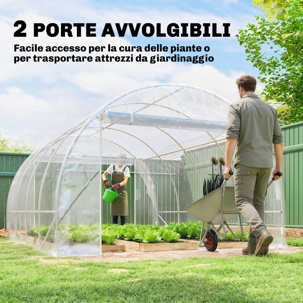 Outsunny 3x4x2 m Tunnel Greenhouse with Roller Doors, Steel Frame and Anti-UV PE Cover, Transparent