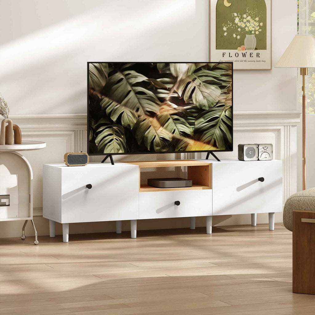 HOMCOM 70" Max TV Stand with 2 Drop-Door Doors, Drawer and Open Shelf, Wooden, 150x35x45 cm, White and Wood Color
