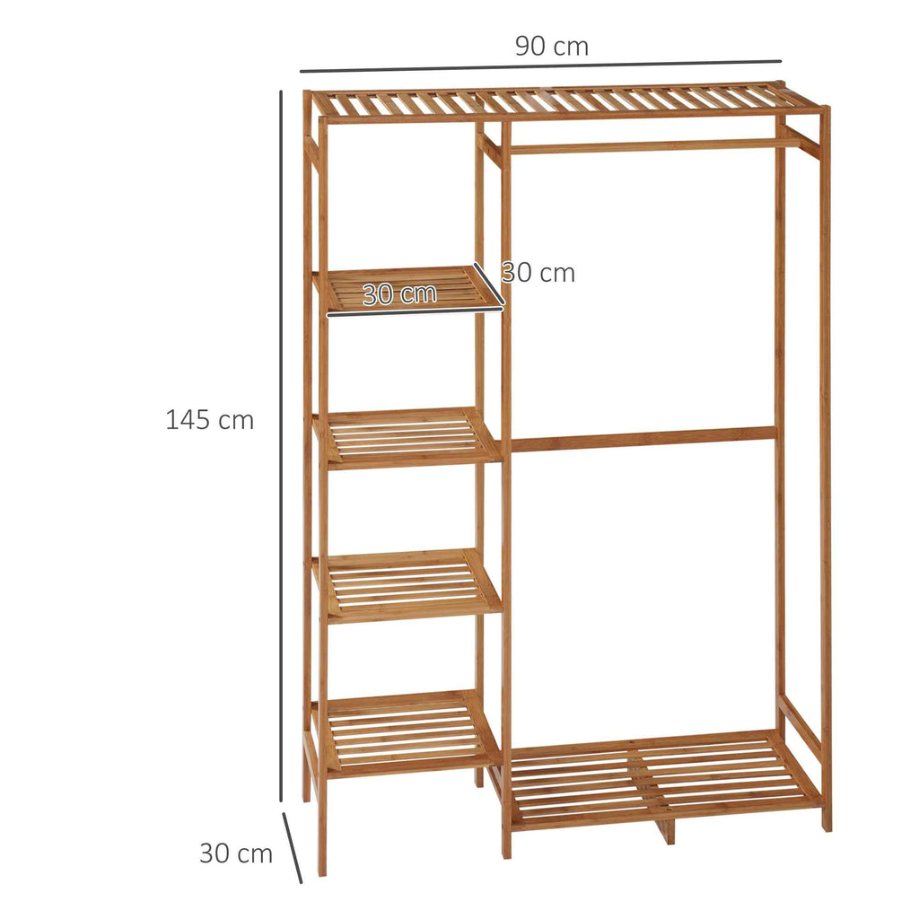 HOMCOM Bamboo Coat Rack with 6-Tier Shelf and Coat Hook, 90x30x145 cm, Natural Wood