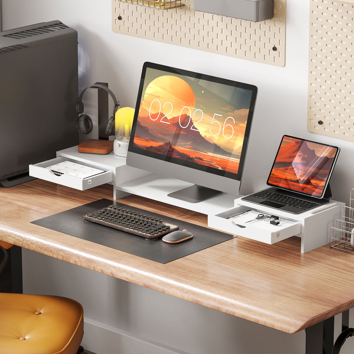 HOMCOM Desk Monitor Stand with 2 Drawers, 3 Spaces Below, Up to 14kg, 60-116x22x12cm, White