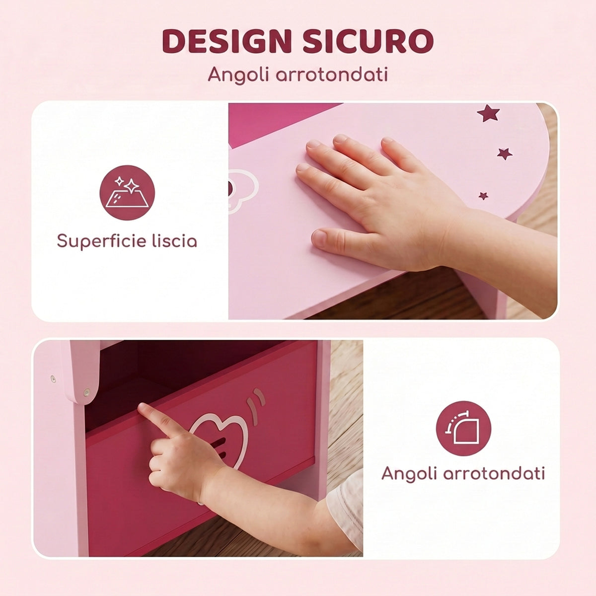 AIYAPLAY Children's Table and Chair Set for 3-5 Years Old in MDF Wood with Heart Patterns, Integrated Storage, Pink