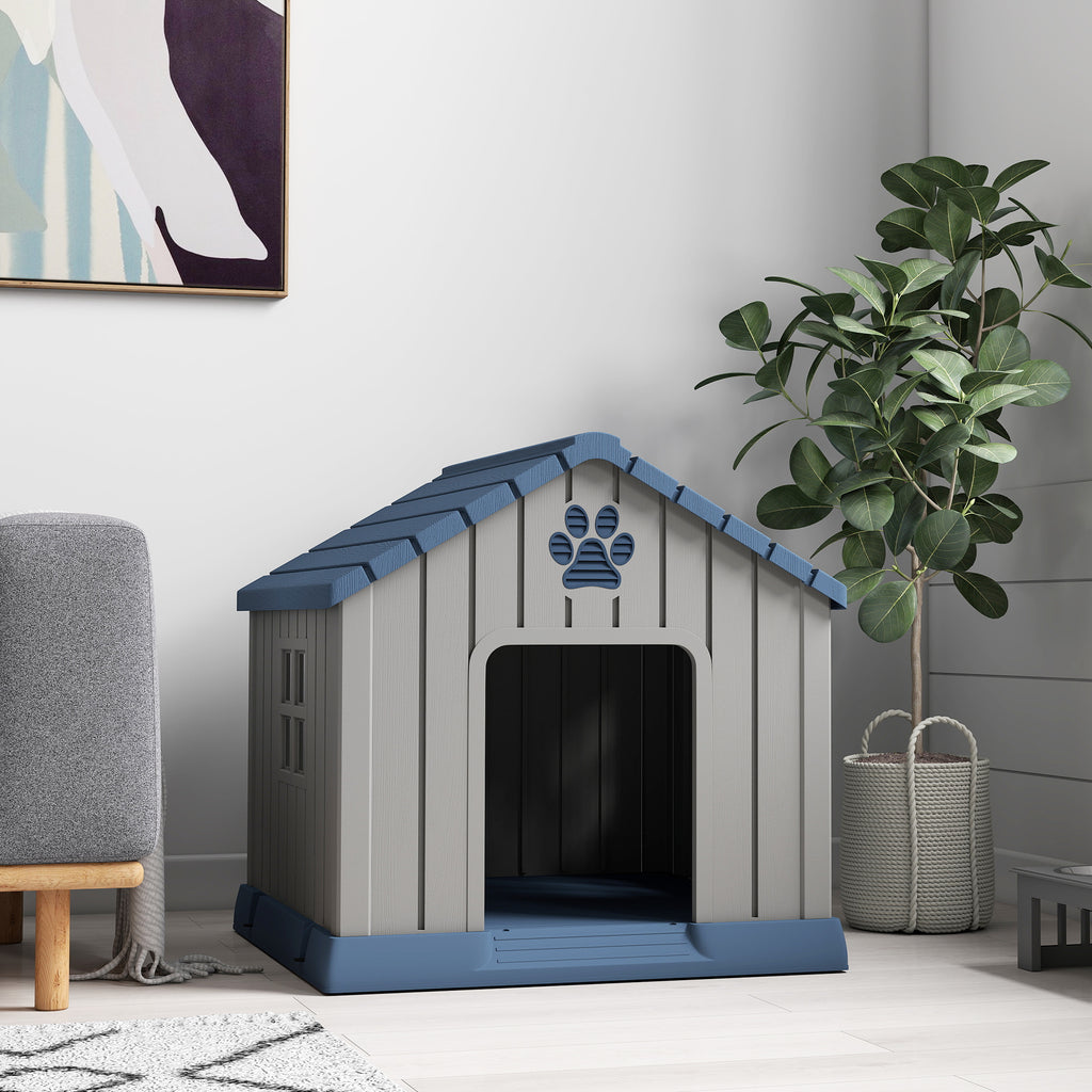 Waterproof Outdoor Dog House for Medium Dogs with Raised Base and Windows, 85x79x82 cm, Grey
