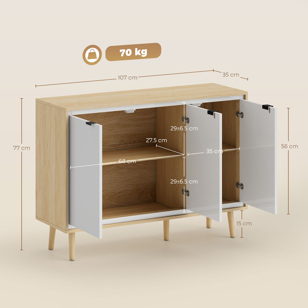 Modern 3-Door Sideboard with Adjustable Shelf, 107x35x77 cm, Gloss White and Oak