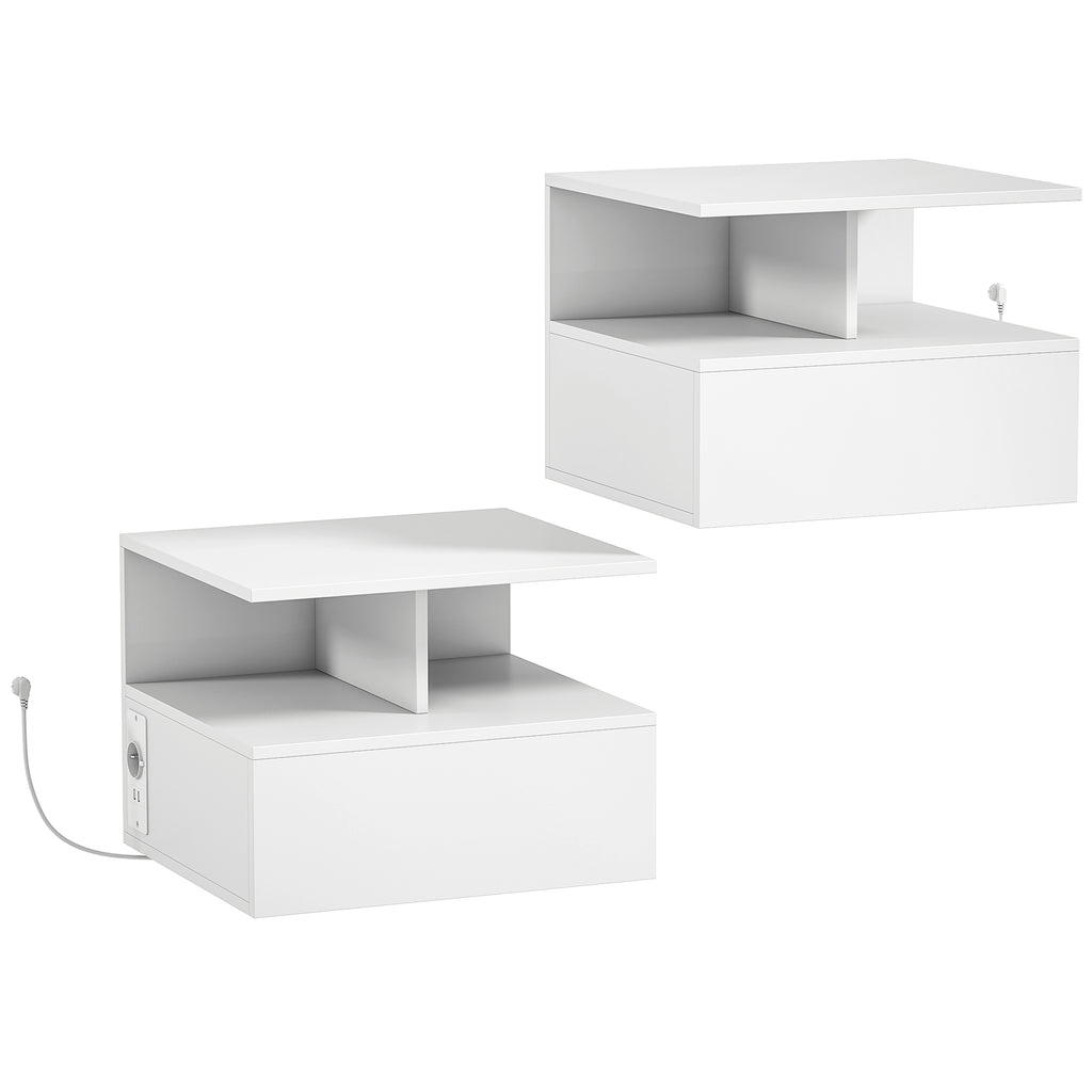 HOMCOM Set of 2 Floating Bedside Tables with Charging Station, Drawer and Open Shelf, Wooden, 40x35x30 cm, White
