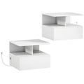 HOMCOM Set of 2 Floating Bedside Tables with Charging Station, Drawer and Open Shelf, Wooden, 40x35x30 cm, White