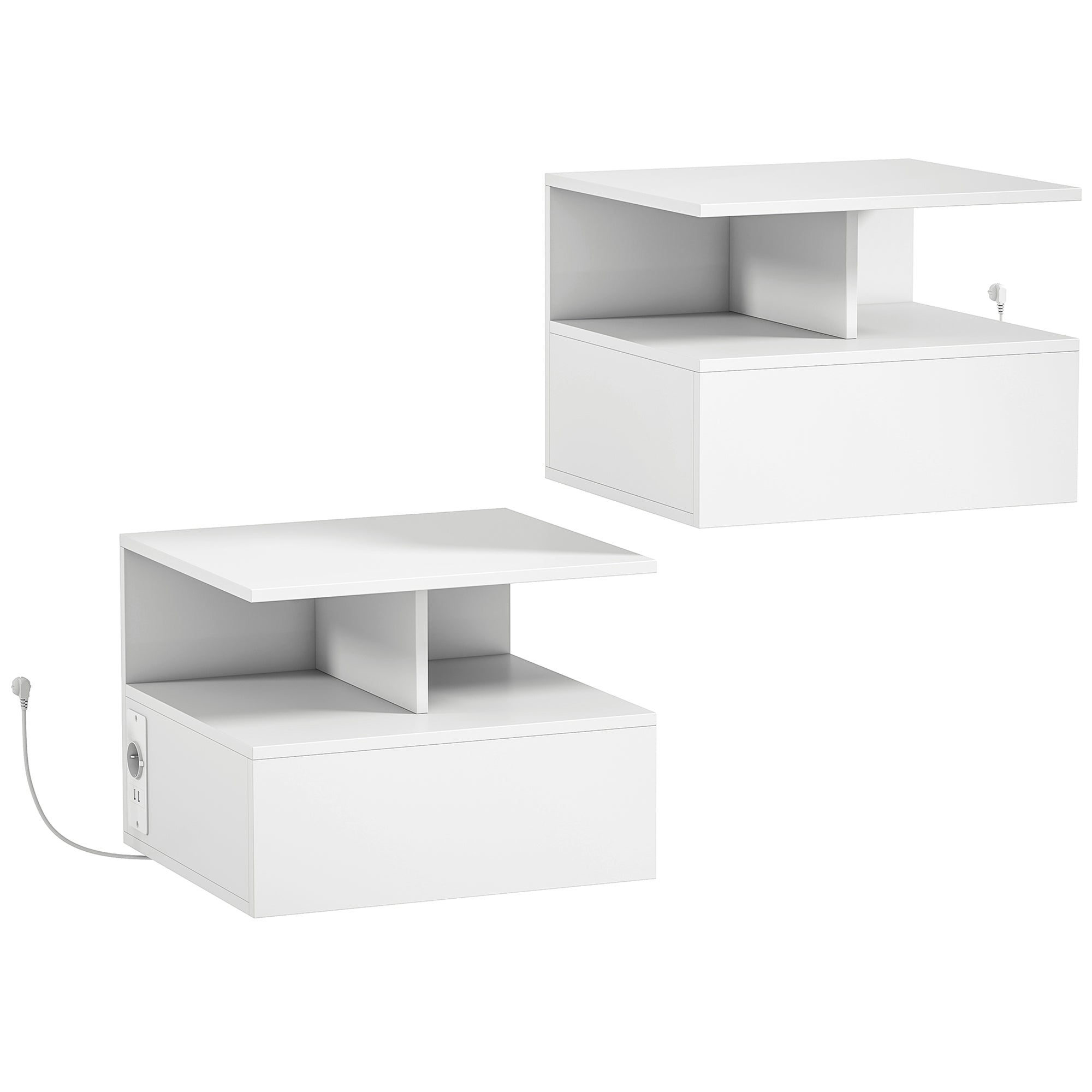 HOMCOM Set of 2 Floating Bedside Tables with Charging Station, Drawer and Open Shelf, Wooden, 40x35x30 cm, White