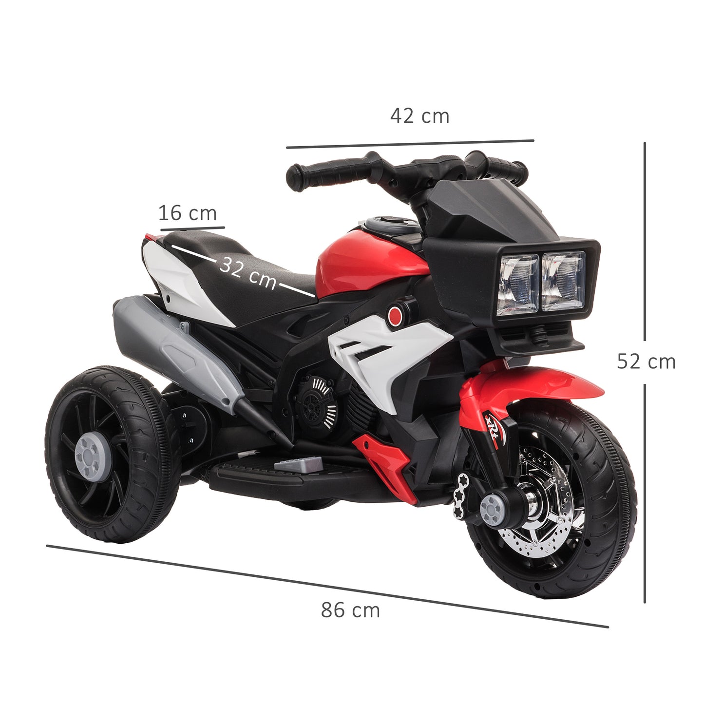 Electric Motorcycle for Children 3-5 Years (max. 25kg) with 3 Wheels, Lights and Sounds, 6V Battery, Red, 86x42x52cm