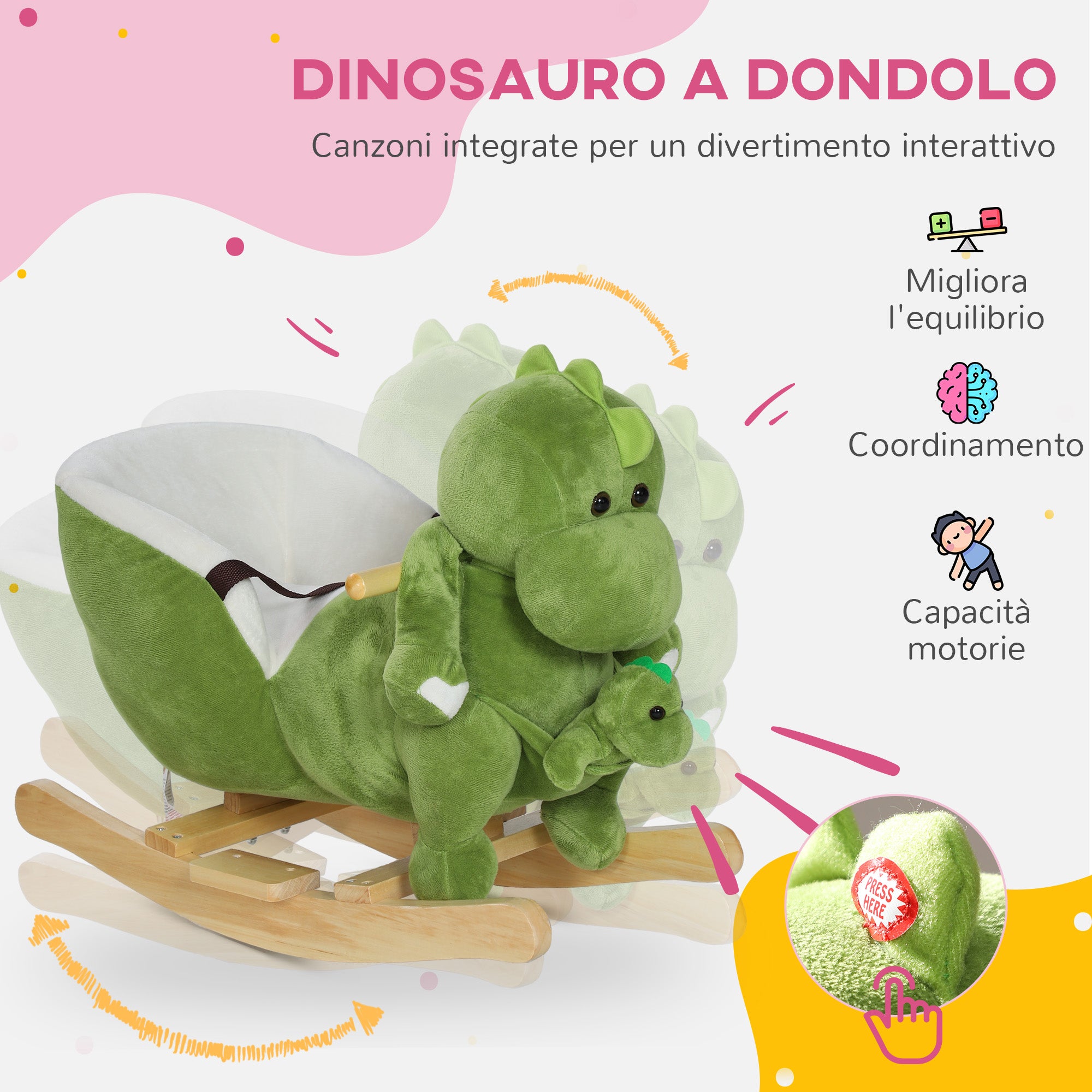 Dinosaur Rocking Horse for Children 18-36 Months with Sounds and Soft Cover, Green