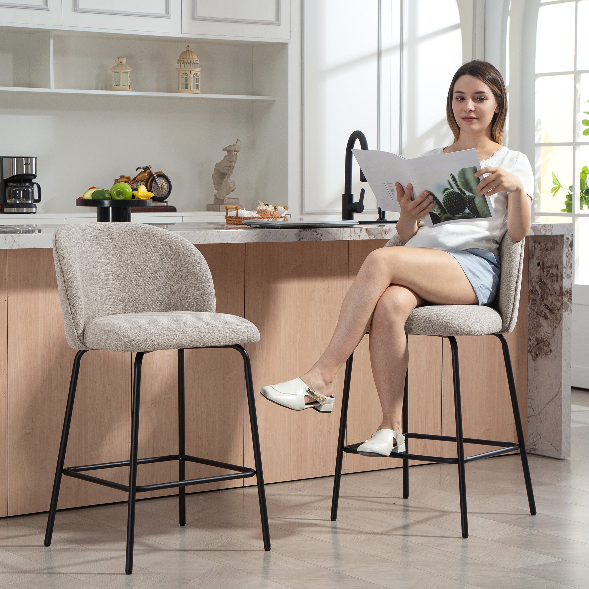 Set of 2 Bar Stools with Backrest and Footrest, Fabric Upholstery and Steel Legs, Grey