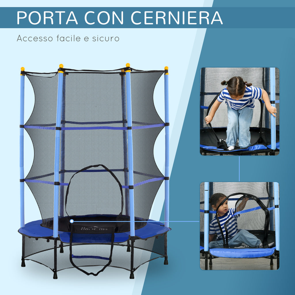 Children's Trampoline with Safety Net and Padded Poles Ages 3-10 Years, Ø140 x 190 cm, Blue