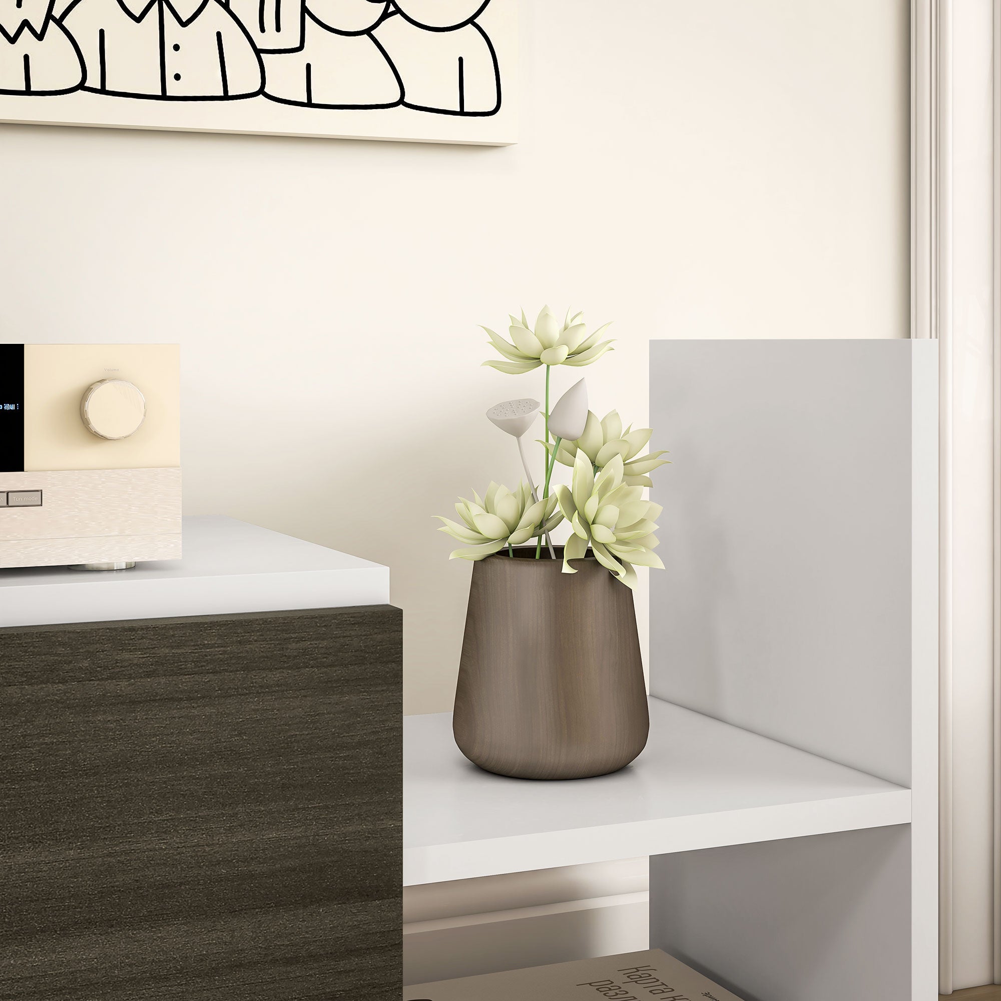 TV Cabinet with Wall Shelf, Open Shelves and Wooden Cabinet, Black and White