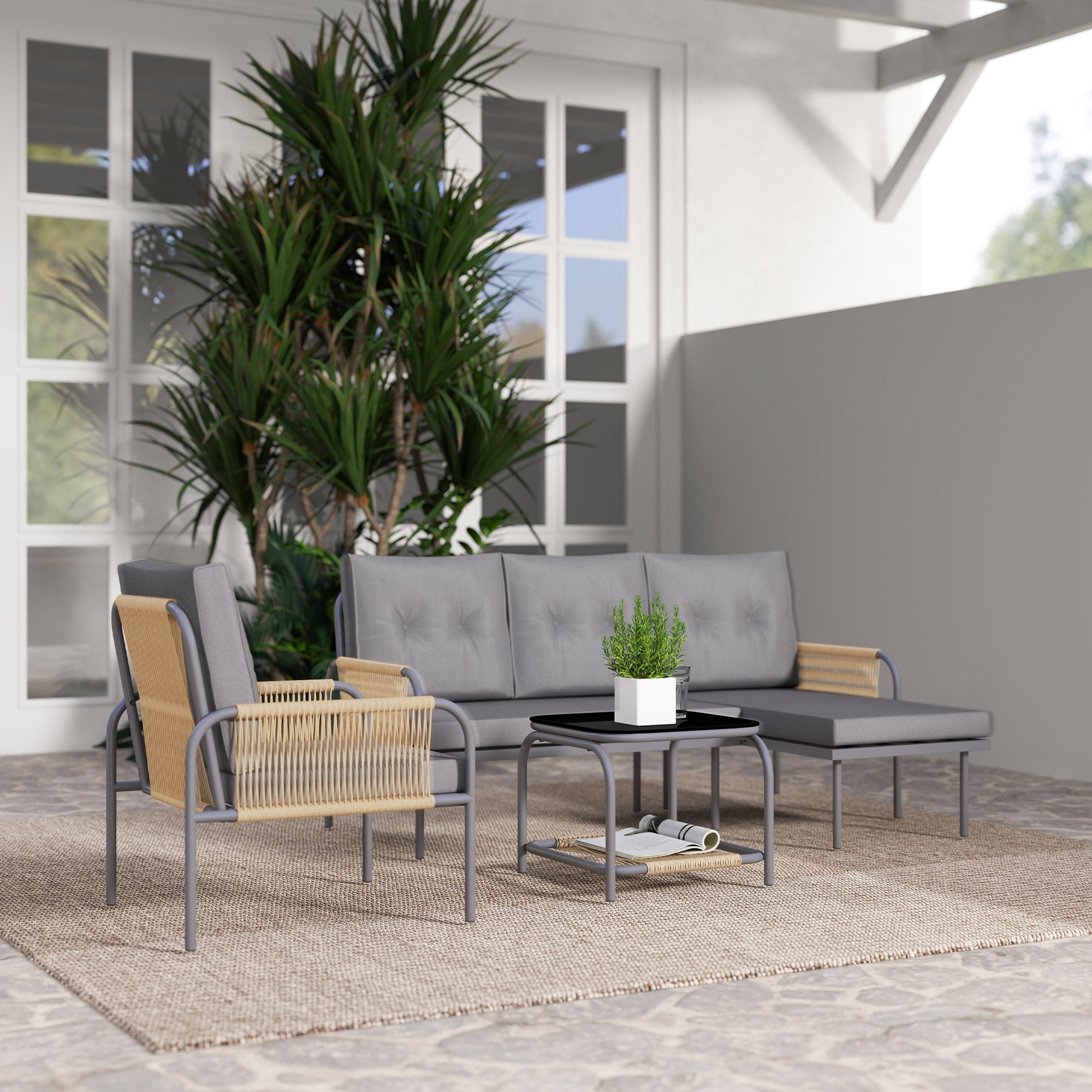 4 Piece Rattan Garden Lounge Set with Sofa, Chaise Longue, Armchair and Coffee Table with Cushions, Grey