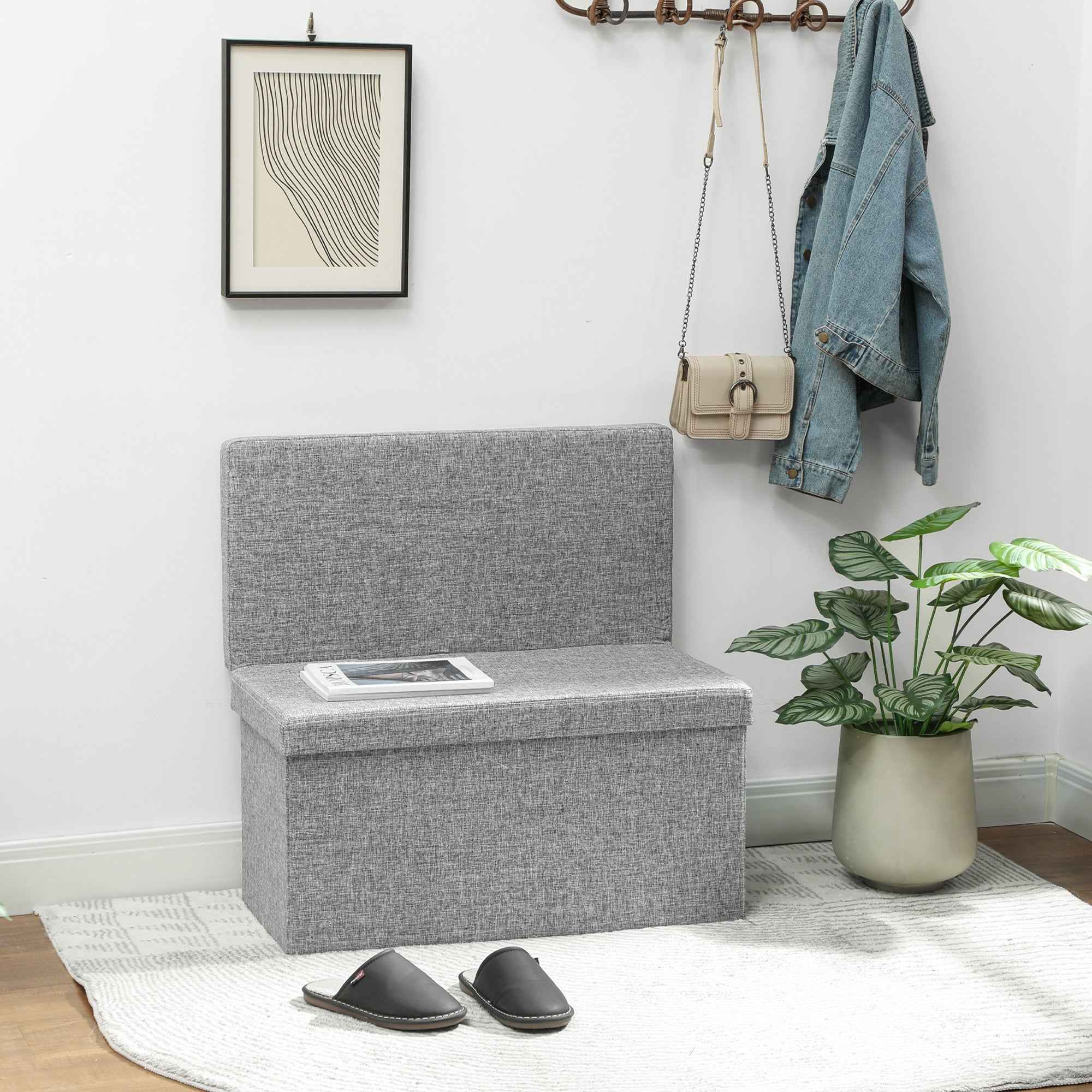HOMCOM Folding Storage Bench with Backrest and 77L Storage Compartment, Fabric Upholstery, 76x50x73 cm, Grey