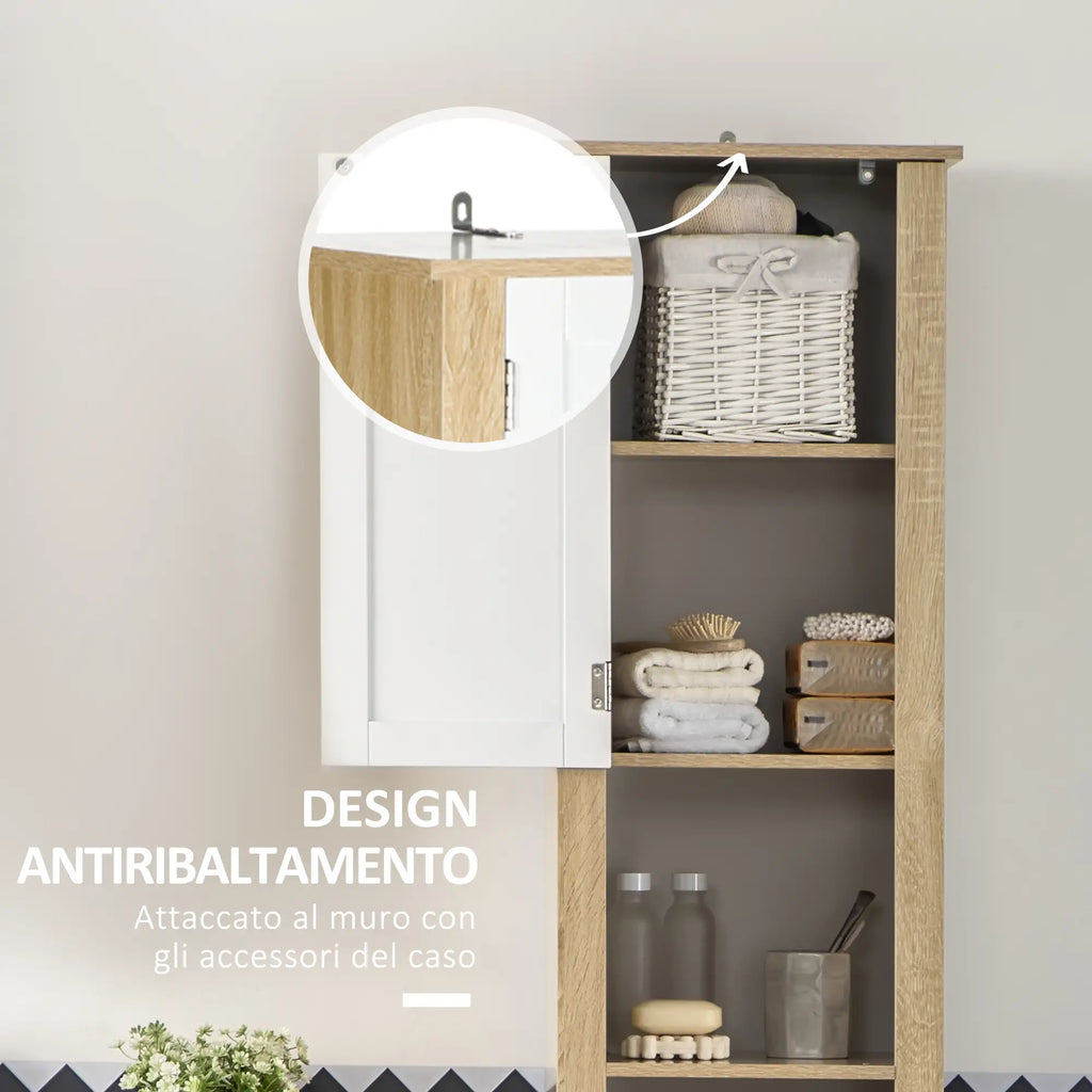 Tall Bathroom Cabinet in Chipboard with a Drawer, 2 Cabinets and 2 Adjustable Open Shelves, 37x30x184 cm