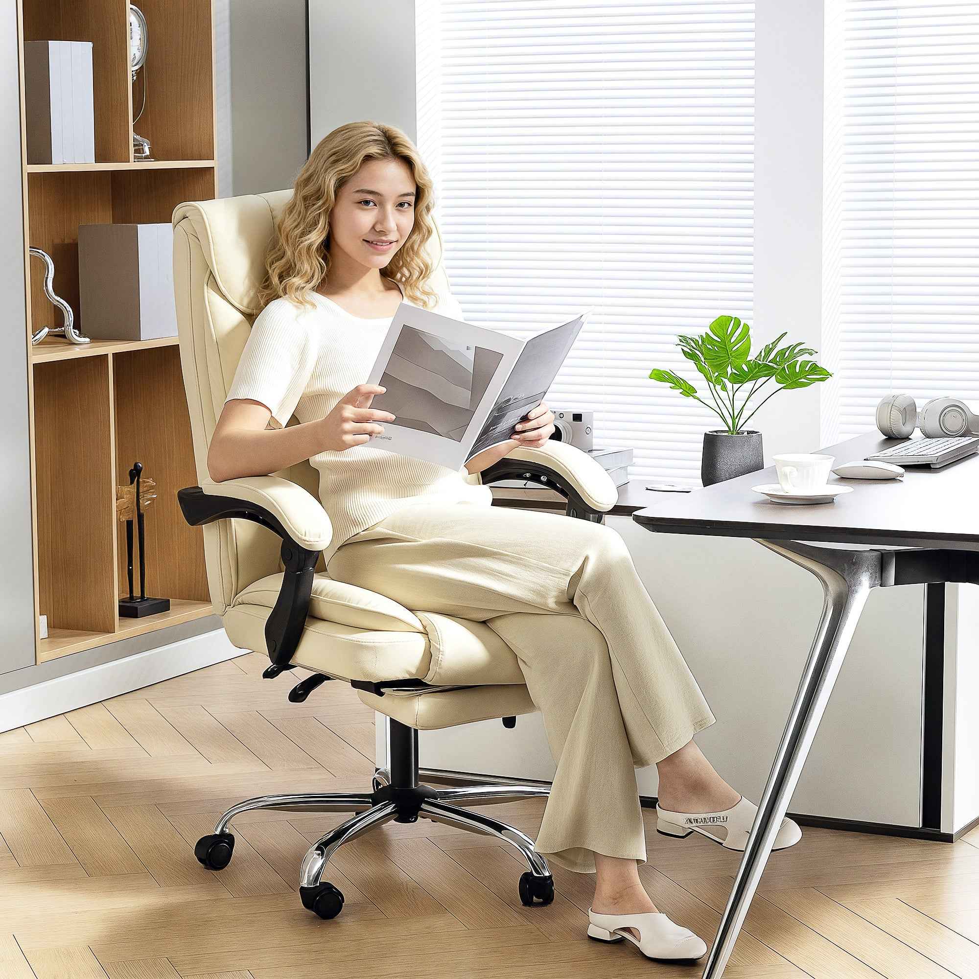 HOMCOM 155° Reclining Office Chair with Footrest, Double Padding and Faux Leather Upholstery, Beige