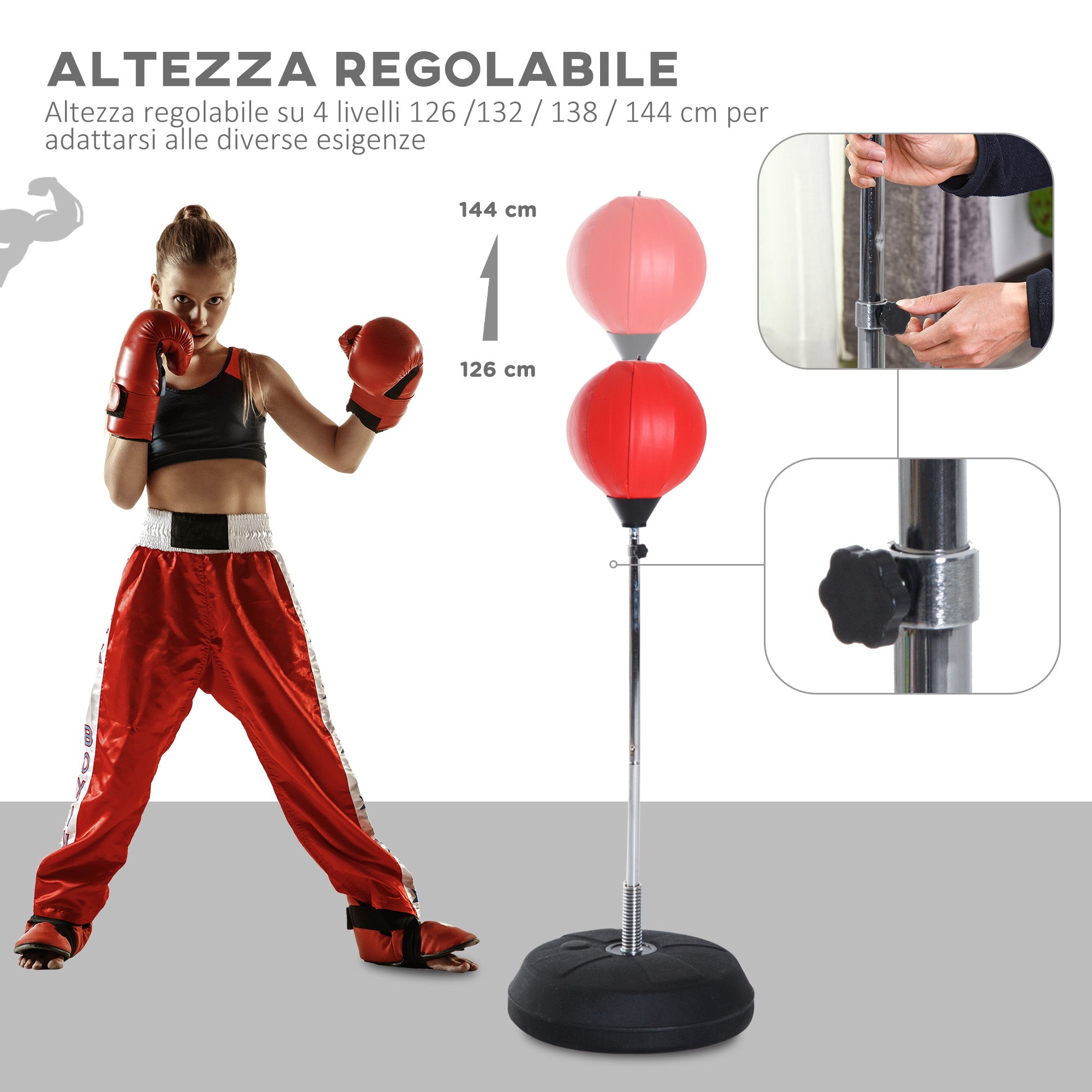 Height Adjustable Floor Punching Ball with Boxing Gloves and Fillable Base, 43x43x126-144 cm, Red
