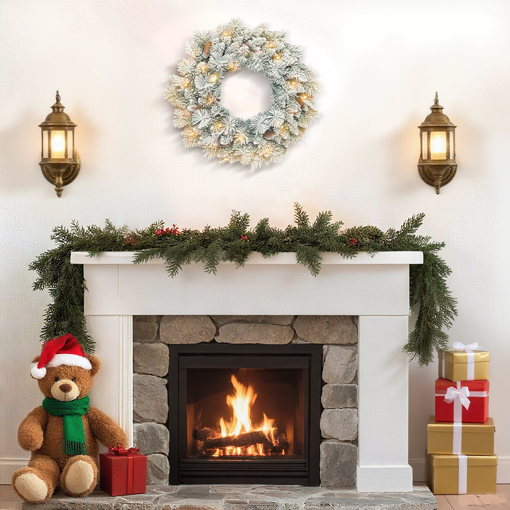 60cm Snow-Covered Christmas Wreath, 35 LED Lights with Timer and Decorative Pine Cones